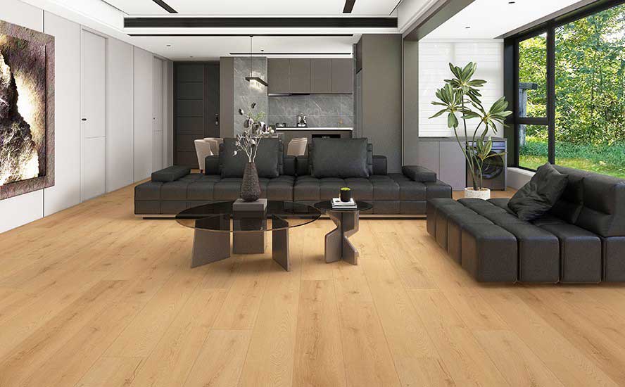 Warm wood-look WPC plank flooring detail